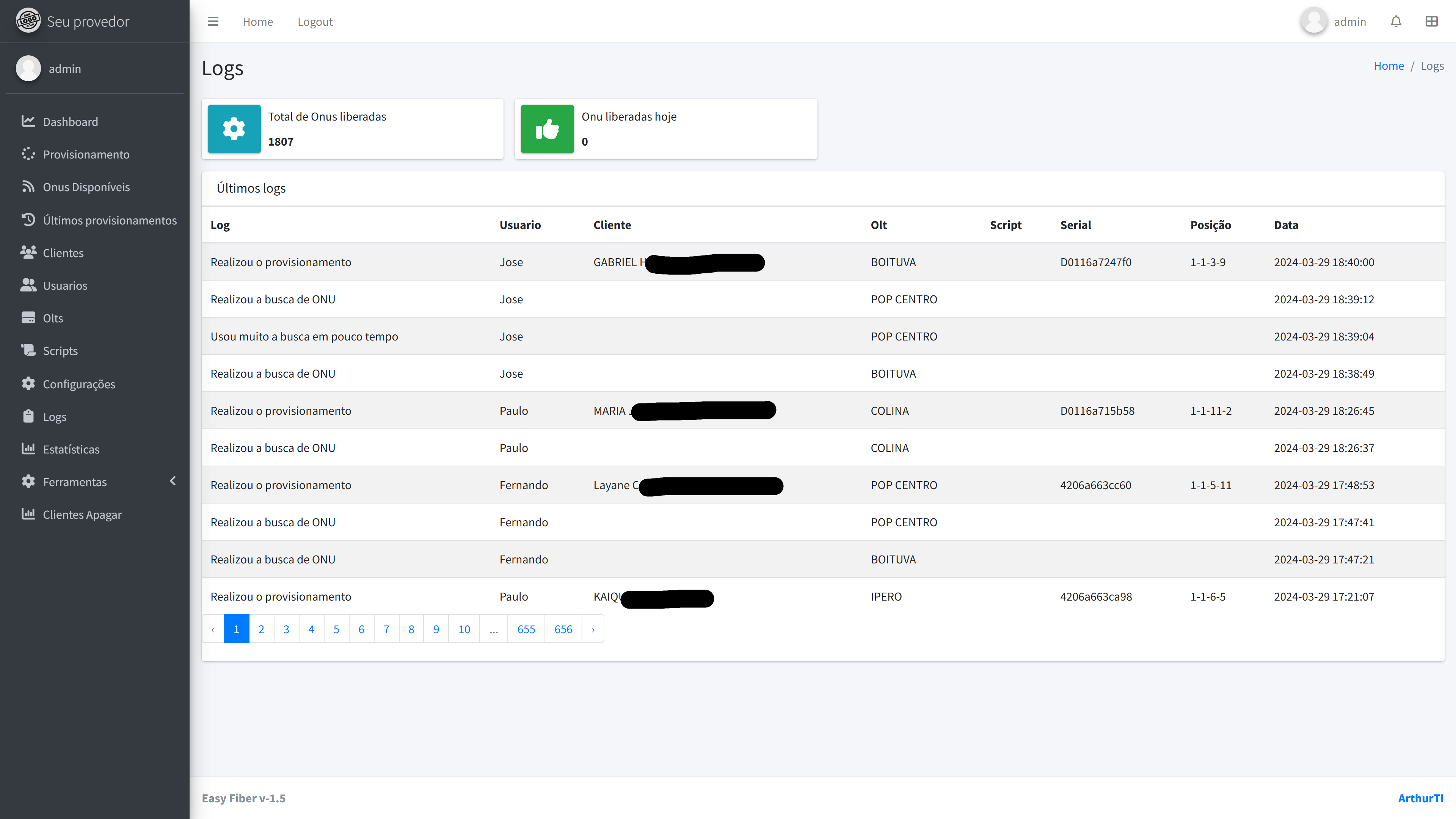 Logs de provisionamento do Easy Fiber